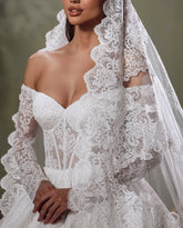 Elegant White Sweetheart Off-The-Shoulder Long Sleeves Ball Gown Cathedral Train Lace Wedding Dresses